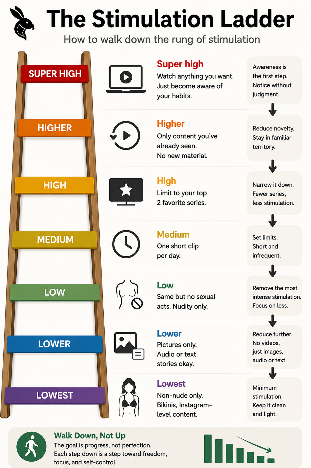 The Stimulation Ladder — a 7-level infographic showing how to reduce stimulation from Super High down to Lowest